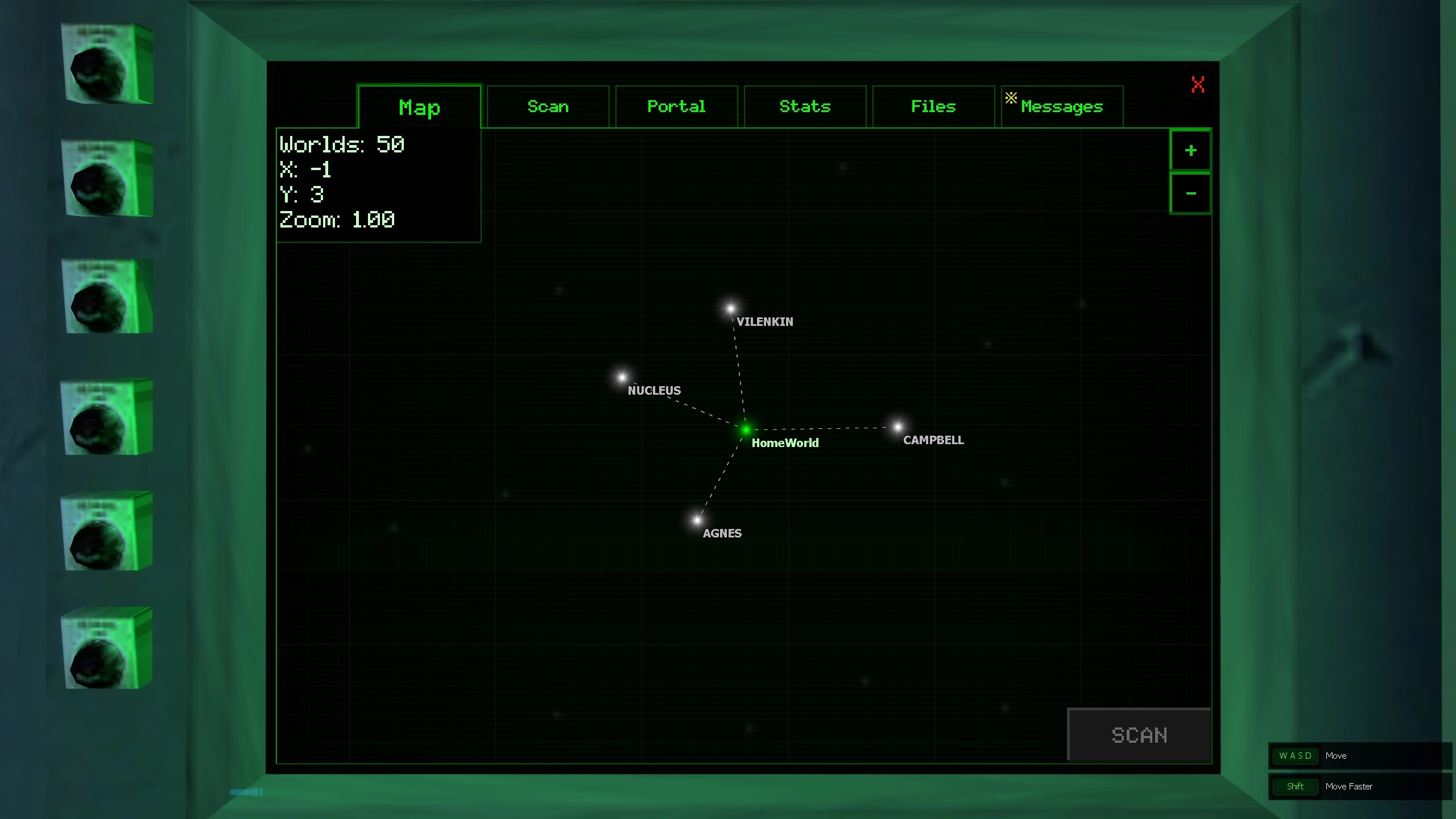 Scan et sélection des différents mondes avant de choisir une mission.