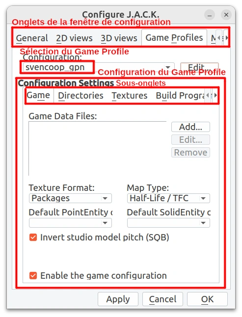 L’onglet de configuration des Game Profile