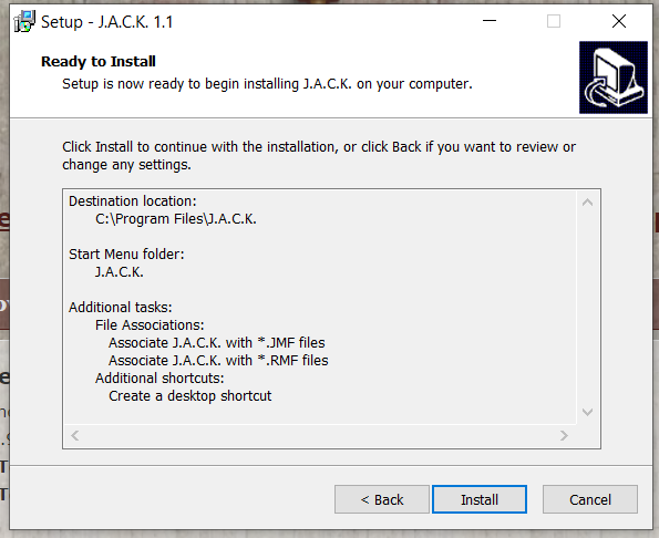 JACK affiche un récapitulatif des options d’installation