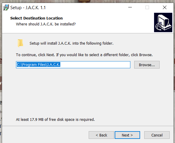 J.A.C.K. demande le chemin du dossier dans lequel l’installer.