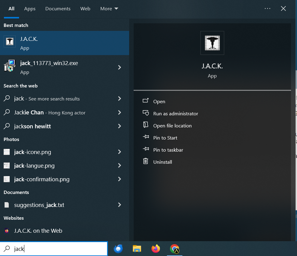 Recherche « Jack » dans la barre de recherche du menu « Démarrer » de Windows pour lancer J.A.C.K.
